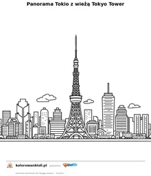 Panorama Tokio z wieżą Tokyo Tower — kolorowanka do wydruku dla dzieci
