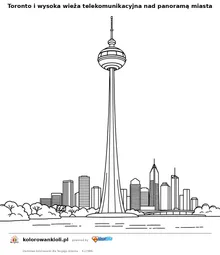 Toronto i wysoka wieża telekomunikacyjna nad panoramą miasta — kolorowanka do wydruku dla dzieci