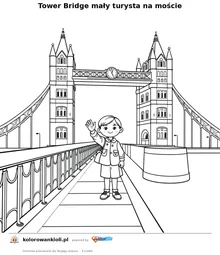 Tower Bridge maly turysta na moscie — kolorowanka do wydruku dla dzieci