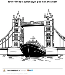 Tower Bridge z plynacym pod nim statkiem — kolorowanka do wydruku dla dzieci