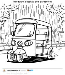 Tuk-tuk w deszczu pod parasolem — kolorowanka do wydruku dla dzieci