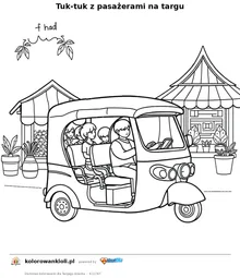 Tuk-tuk z pasażerami na targu — kolorowanka do wydruku dla dzieci