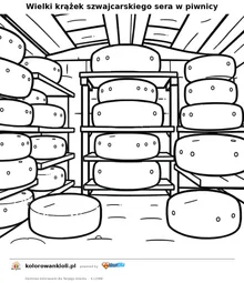Wielki krazek szwajcarskiego sera w piwnicy — kolorowanka do wydruku dla dzieci