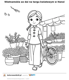 Wietnamskie ao dai na targu kwiatowym w Hanoi — kolorowanka do wydruku dla dzieci