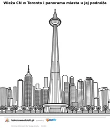 Wieża CN w Toronto i panorama miasta u jej podnóża — kolorowanka do wydruku dla dzieci