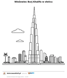 Wieżowiec Burj Khalifa w słońcu — kolorowanka do wydruku dla dzieci