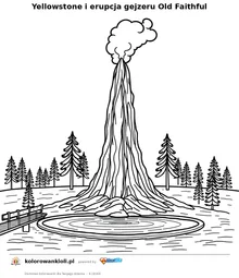 Yellowstone i erupcja gejzeru Old Faithful — kolorowanka do wydruku dla dzieci