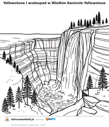 Yellowstone i wodospad w Wielkim Kanionie Yellowstone — kolorowanka do wydruku dla dzieci