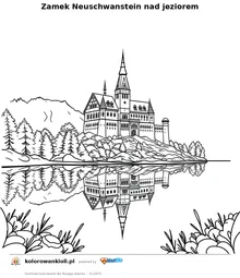 Zamek Neuschwanstein nad jeziorem — kolorowanka do wydruku dla dzieci
