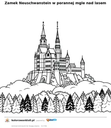 Zamek Neuschwanstein w porannej mgle nad lasem — kolorowanka do wydruku dla dzieci
