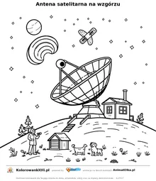 Antena satelitarna na wzgórzu — kolorowanka na Dzień Internetu do wydruku