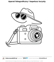 Aparat fotograficzny i kapelusz turysty — kolorowanka na Dzień Turystyki do wydruku