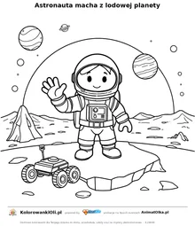 Astronauta macha z lodowej planety — kolorowanka na Dzień Plutona do wydruku