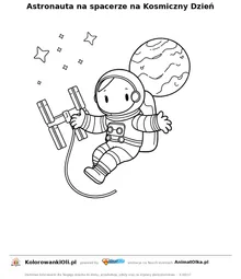 Astronauta na spacerze na Kosmiczny Dzień — kolorowanka na Kosmiczny Dzień do wydruku