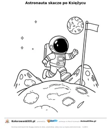 Astronauta skacze po Księżycu — kolorowanka na Dzień Fantastyki Naukowej do wydruku