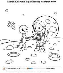 Astronauta wita się z kosmitą na Dzień UFO — kolorowanka na Dzień UFO do wydruku