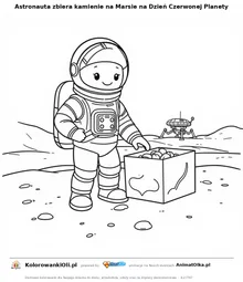 Astronauta zbiera kamienie na Marsie na Dzień Czerwonej Planety — kolorowanka na Dzień Czerwonej Planety do wydruku