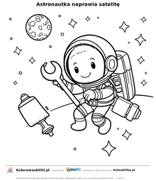 Astronautka naprawia satelitę — kolorowanka na Dzień Telekomunikacji do wydruku