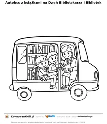 Autobus z książkami na Dzień Bibliotekarza i Bibliotek — kolorowanka na Dzień Bibliotekarza i Bibliotek do wydruku