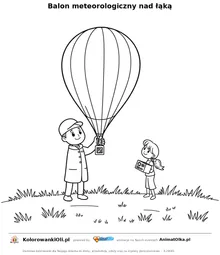 Balon meteorologiczny nad łąką — kolorowanka na Dzień Meteorologii do wydruku