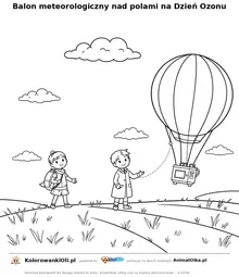 Balon meteorologiczny nad polami na Dzień Ozonu — kolorowanka na Dzień Ozonu do wydruku