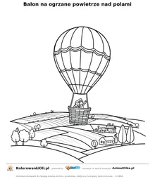 Balon na ogrzane powietrze nad polami — kolorowanka na Dzień Wiatru do wydruku