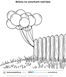 Balony na sznurkach nad łąką — kolorowanka na Dzień Szukania Kół do wydruku