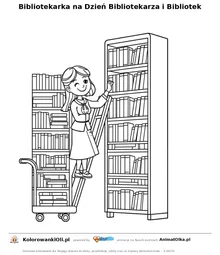 Bibliotekarka na Dzień Bibliotekarza i Bibliotek — kolorowanka na Dzień Bibliotekarza i Bibliotek do wydruku