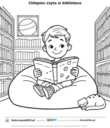Chłopiec czyta w bibliotece — kolorowanka na Dzień Wikipedii do wydruku