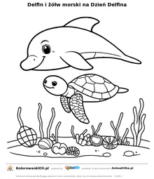 Delfin i żółw morski na Dzień Delfina — kolorowanka na Dzień Delfina do wydruku