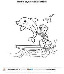 Delfin płynie obok surfera — kolorowanka na Dzień Surfingu do wydruku