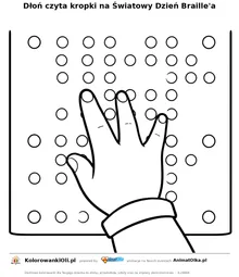 Dłoń czyta kropki na Światowy Dzień Braille'a — kolorowanka na Światowy Dzień Braille'a do wydruku