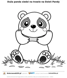 Duża panda siedzi na trawie na Dzień Pandy — kolorowanka na Dzień Pandy do wydruku