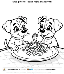Dwa pieski i jedna nitka makaronu — kolorowanka na Dzień Spaghetti do wydruku