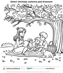 Dzieci słuchają czytania pod drzewem — kolorowanka na Dzień Pisarza do wydruku