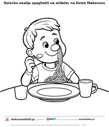 Dziecko nawija spaghetti na widelec na Dzień Makaronu — kolorowanka na Dzień Makaronu do wydruku