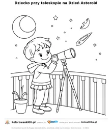 Dziecko przy teleskopie na Dzień Asteroid — kolorowanka na Dzień Asteroid do wydruku
