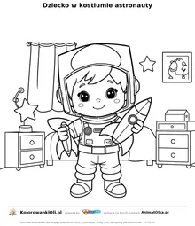 Dziecko w kostiumie astronauty — kolorowanka na Kosmiczny Dzień do wydruku