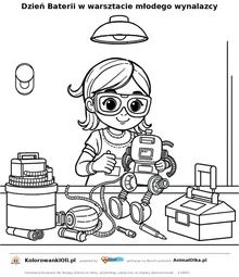 Dzień Baterii w warsztacie młodego wynalazcy — kolorowanka na Dzień Baterii do wydruku