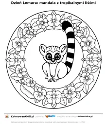Dzień Lemura: mandala z tropikalnymi liśćmi — kolorowanka na Dzień Lemura do wydruku