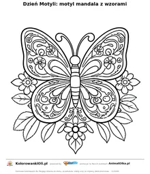 Dzień Motyli: motyl mandala z wzorami — kolorowanka na Dzień Motyli do wydruku