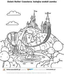 Dzień Roller Coastera: kolejka wokół zamku — kolorowanka na Dzień Roller Coastera do wydruku