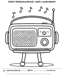 Dzień Telekomunikacji: radio z pokrętłami — kolorowanka na Dzień Telekomunikacji do wydruku
