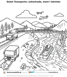 Dzień Transportu: autostrada, most i lotnisko — kolorowanka na Dzień Transportu do wydruku