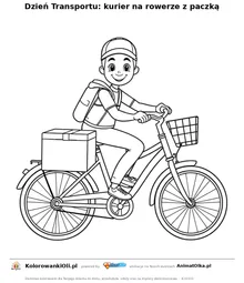 Dzień Transportu: kurier na rowerze z paczką — kolorowanka na Dzień Transportu do wydruku