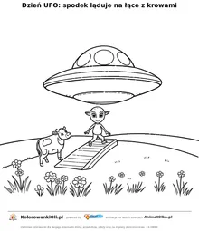 Dzień UFO: spodek ląduje na łące z krowami — kolorowanka na Dzień UFO do wydruku