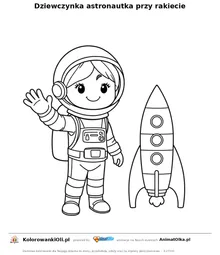 Dziewczynka astronautka przy rakiecie — kolorowanka na Dzień Dziewczynek do wydruku