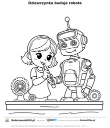Dziewczynka buduje robota — kolorowanka na Dzień Programisty do wydruku