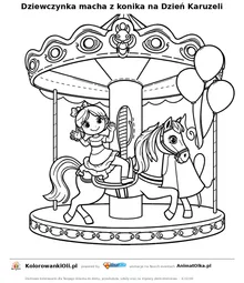 Dziewczynka macha z konika na Dzień Karuzeli — kolorowanka na Dzień Karuzeli do wydruku