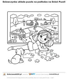 Dziewczynka układa puzzle na podłodze na Dzień Puzzli — kolorowanka na Dzień Puzzli do wydruku